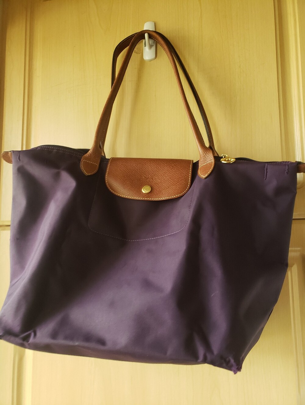 Longchamp Purple Tote with Brown Leather Trim